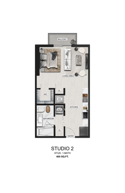 Floor plan for studio, 1 bath, 605 sqft